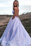 V Neck Lilac Long A-line Prom Dress with Pocket Shiny Formal Dress Sparkly Evening Dress OKX20