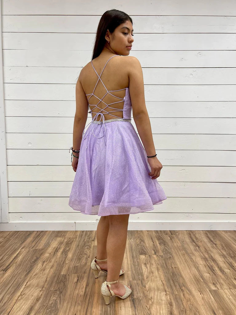V Neck A Line Purple Tulle Prom Dresses with Belt, Backless Short Homecoming Dresses OK1745