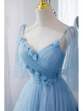 A Line V Neck Blue Long Prom Dress with Sweep Train, Formal Evening Dresses OK2004