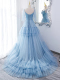 A Line V Neck Blue Long Prom Dress with Sweep Train, Formal Evening Dresses OK2004