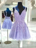 V Neck Backless Pink Lace Appliques Prom Dresses, A Line Short Homecoming Dresses OK1714