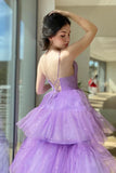 A Line Tulle V Neck Purple High Low Prom Dresses, Formal Party Dresses OK1987
