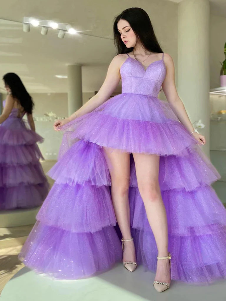 A Line Tulle V Neck Purple High Low Prom Dresses, Formal Party Dresses OK1987