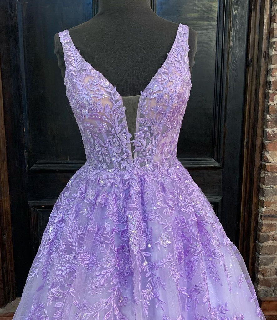 V Neck Purple Lace Appliques Prom Dress A-line Long Formal Evening Dress OKX32