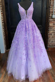 V Neck Purple Lace Appliques Prom Dress A-line Long Formal Evening Dress OKX32
