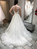 A Line V Neck White Lace Appliques Long Wedding Dresses, Elegant Bridal Dresses OK1759