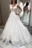 A Line V Neck White Lace Appliques Long Wedding Dresses, Elegant Bridal Dresses OK1759