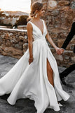 V Neck and V Back White Satin Long Bridal Dresses with High Slit, Open Back White Wedding Dresses OK1762