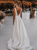 V Neck and V Back White Satin Long Bridal Dresses with High Slit, Open Back White Wedding Dresses OK1762