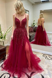 Spaghetti Straps Burgundy Lace Appliques Prom Dress, Cheap Evening Dresses OKT35