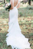 V Neck Backless Sheath White Wedding Dress Long Simple Bridal Dresses OKN96