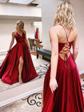 V Neck Burgundy Long Prom Dress With Slit  Formal Evening Dress OKT34