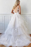 V Neck Backless Off White Floral Lace Wedding Dress A-line Wedding Gowns OKX70