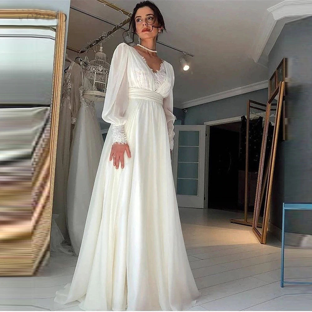 Vintage Long Sleeves Wedding Dress Chiffon A-line V Neck Bride Gowns OKV59