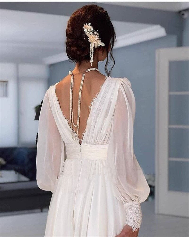 Vintage Long Sleeves Wedding Dress Chiffon A-line V Neck Bride Gowns OKV59