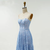 Blue Long Evening Dress Lace Bodice Formal Dress Sweetheart Neck A-line Prom Dress OKW45