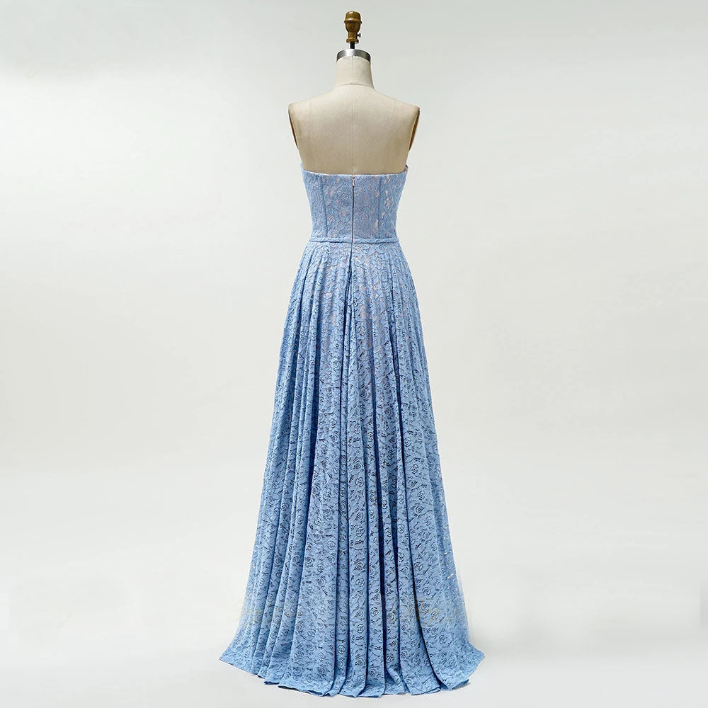 Blue Long Evening Dress Lace Bodice Formal Dress Sweetheart Neck A-line Prom Dress OKW45
