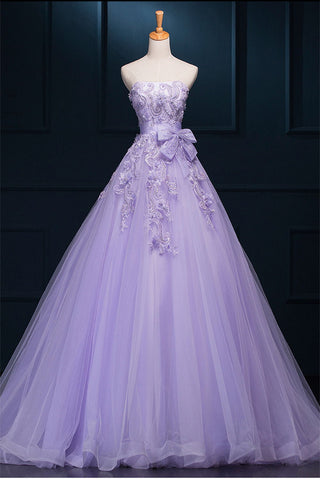 Strapless Long Purple Lace Big Wedding Dress With Bow W4
