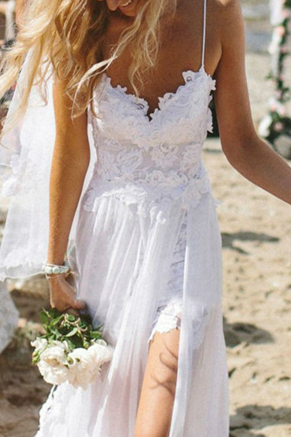 Spaghetti Straps White Lace Chiffon Backless Beach Wedding Dresses W21