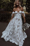 A-line Ivory Off The Shoulder Lace Beach Wedding Dress OKU90