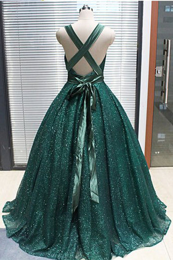 A-line V neck Dark Green Sequined Long Prom Dress OKS18