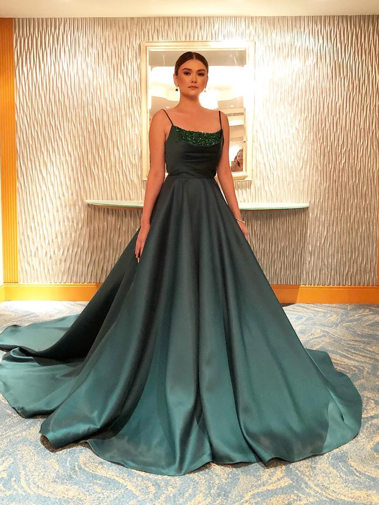 A-line Spaghetti Straps Dark Green Long Prom Dress Evening Dress OKS21