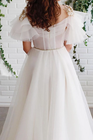 A-line Off White Short Sleeves Long Prom Dress Organza Evening Dress OKS57