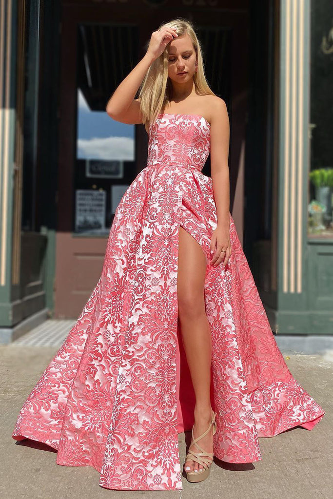 A-line Strapless Modest Cheap Long Prom Dress With Pockets Unique Evening Dress OKX33