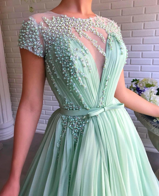 A-line Mint Green Long Cheap Prom Dress Beading Tulle Evening Dress OKS99