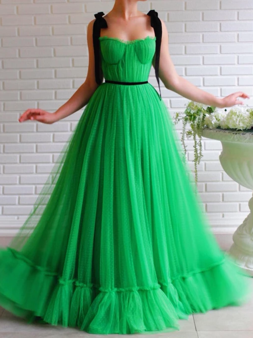 A-line Black Straps Sage Long Charming Prom Dress Tulle Evening Dress OKS97