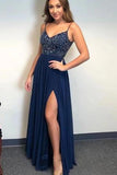 A-line Spaghetti Straps Dark Blue Chiffon Long Prom Dress Beaded Evening Dress OKS96