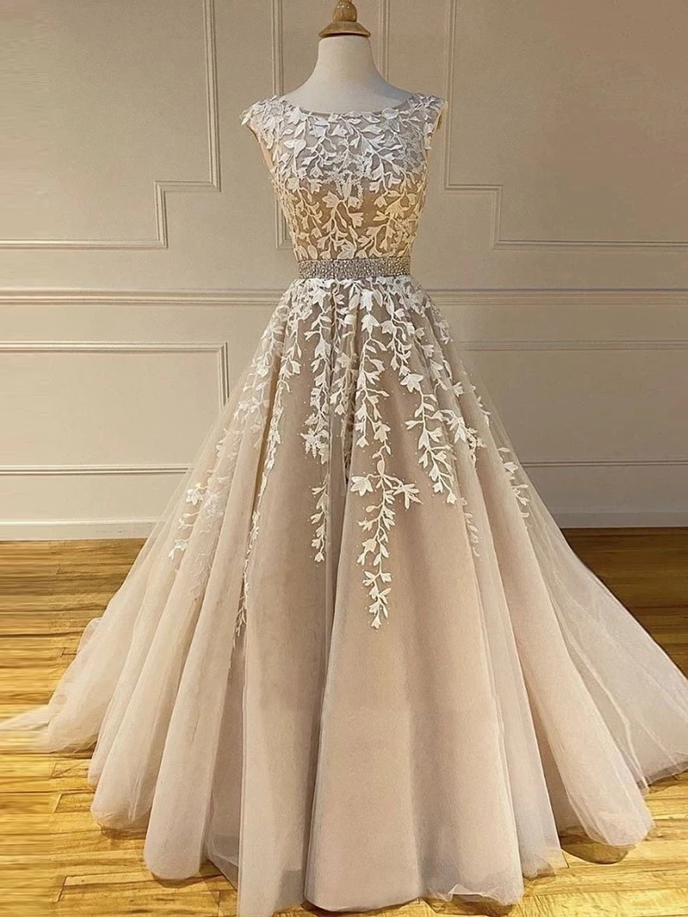A-line Scoop Lace Appliques Long Prom Dress Cheap Evening Dress OKS92