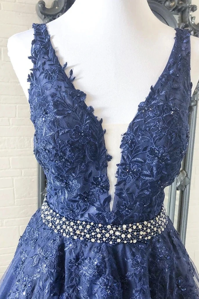 A-line V neck Royal Blue Lace Appliques Long Prom Dress Tulle Evening Dress OKS95