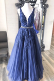 A-line V neck Royal Blue Lace Appliques Long Prom Dress Tulle Evening Dress OKS95