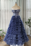 A-line Off-the-shoulder Royal Blue Long Prom Dress Tulle Evening Dress OKS94