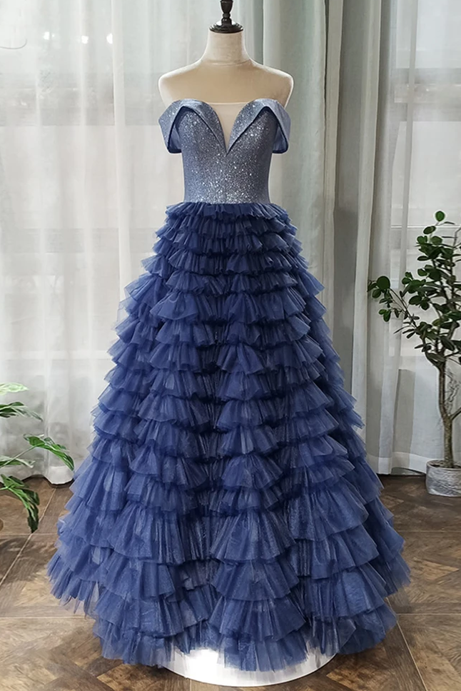 A-line Off-the-shoulder Royal Blue Long Prom Dress Tulle Evening Dress OKS94