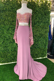 Chic Sheath Spaghetti Straps Pink Long Sleeves Prom Dress Evening Dress OKT1