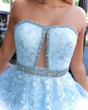 Stunning A-line Strapless Sky Blue Lace Beaded Long Prom Dress Evening Dress OKT2