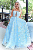 Stunning A-line Strapless Sky Blue Lace Beaded Long Prom Dress Evening Dress OKT2
