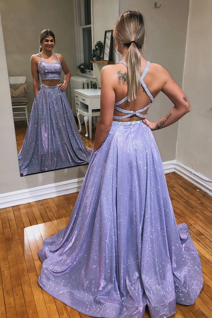 A-line Two Pieces Spaghetti Straps Sparkly Long Prom Dress Evening Dress OKT3