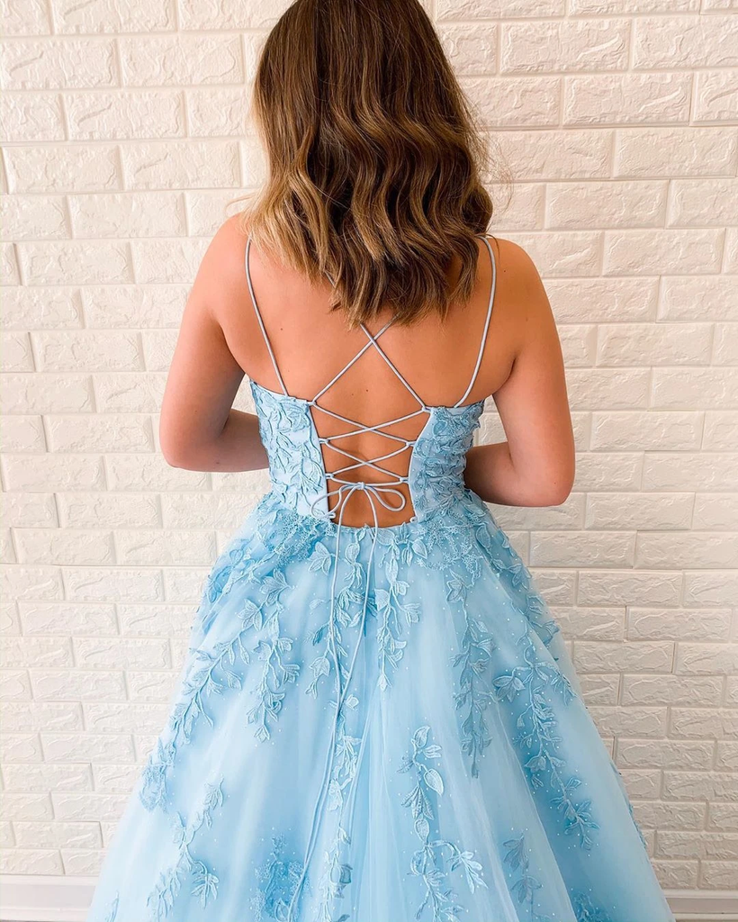 New Formal A-line Spaghetti Straps Lace Appliqued Long Blue Prom Dress OKT5