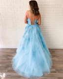 New Arrival A-line Spaghetti Straps Lace Appliques Long Blue Prom Dress OKT5