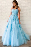 New Arrival A-line Spaghetti Straps Lace Appliques Long Blue Prom Dress OKT5