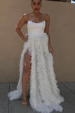 A-line Strapless White Tulle Ruffles Long Prom Dress With Slit OKT17