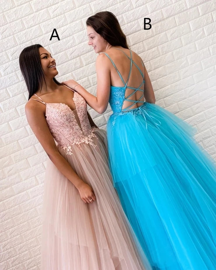 A-line Spaghetti Straps Lace Appliques Long Prom Dress Tulle Evening Dress OKT18