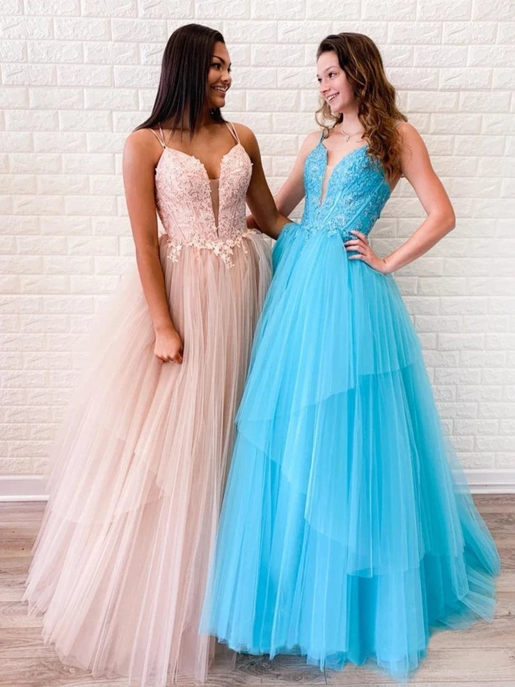 A-line Spaghetti Straps Lace Appliques Long Prom Dress Tulle Evening Dress OKT18