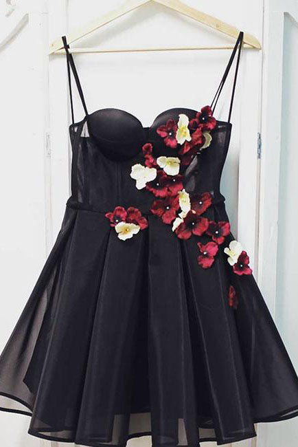 Black Tulle Sweetheart Neck Short Prom Dresses, Flowers Homecoming Dress OKP57