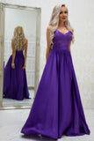 A-line Spaghetti Straps Grape Long Satin Prom Dress Lace Top Formal Gowns OKR54