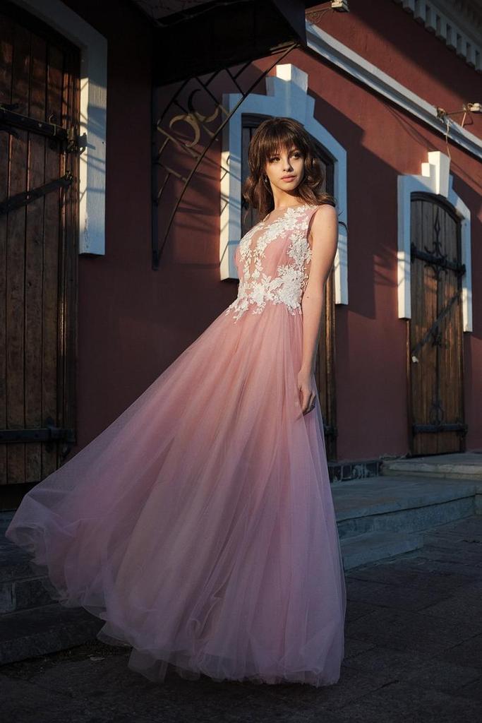 A-line Bateau Pink Tulle Long Prom Dress Applique Formal Gown OKR53