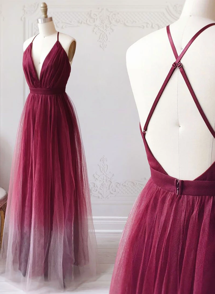 A-line Spaghetti Straps Ombre Long Tulle Prom Dress Party Dress OKR69